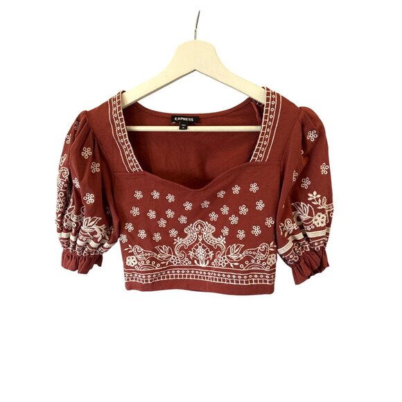 Express Red Crop Top XS Puff Sleeve Embroidered Floral Paisley Boho Holidays - Picture 2 of 6